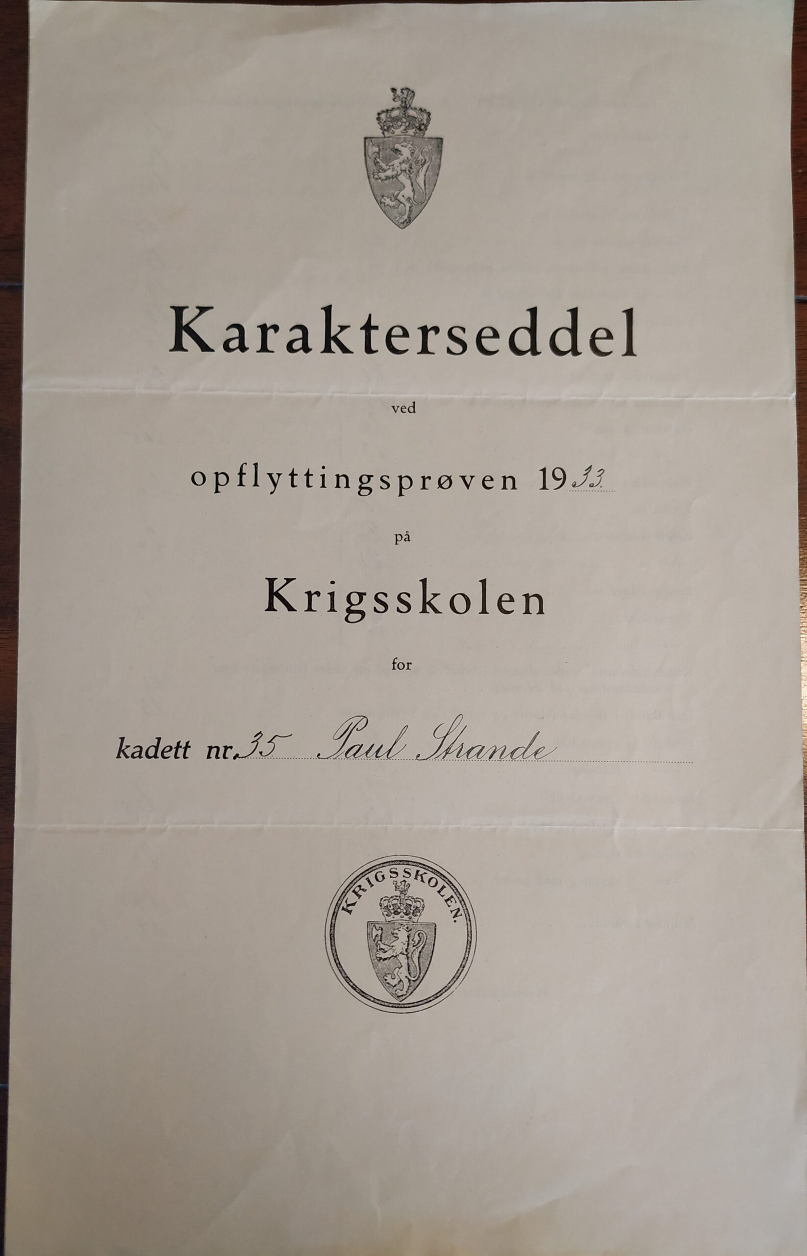 Oppflyttingsprøve Krigsskolen, side 1 Oppflyttingsprøve Krigsskolen, side 1